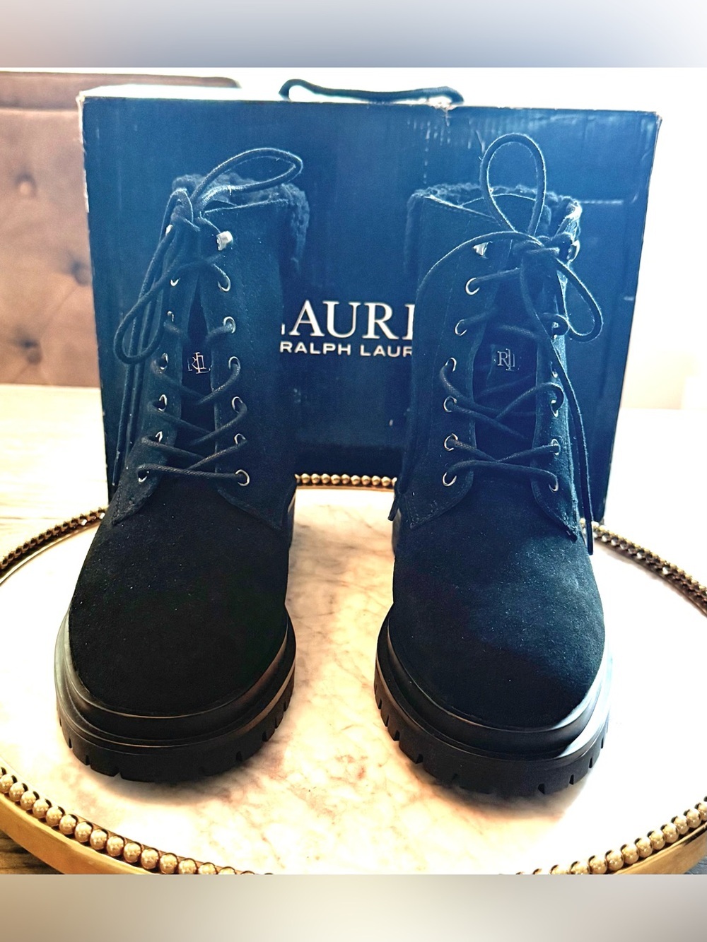 RALPH LAUREN Women Carlee Black Calf Suede Shearling Trim Boots | Sz. 6.5 (NWB)